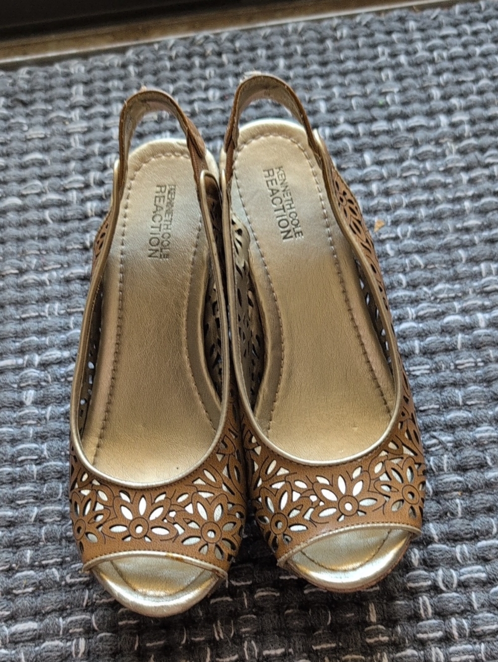 Kenneth Cole Reaction Tan Laser-Cut Peep-Toe Slingback Wedges